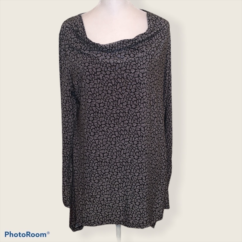 Last Chance Rafaella GreyBlack Pebble Print Cowl Neck Long Sleeve Tunic Blouse L